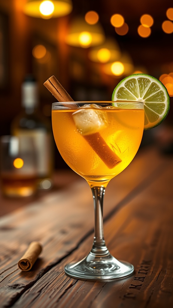 A cocktail glass with cinnamon spiced tequila, garnished with lime and cinnamon stick on a wooden table.